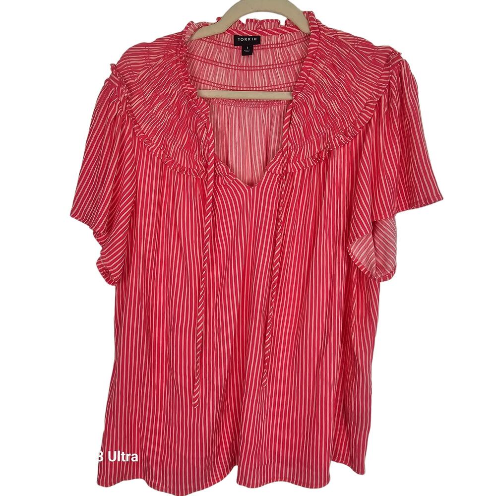 Torrid Top Smocked Top Tie Neck Top Ruffle Blouse Striped Blouse 1X Pink White